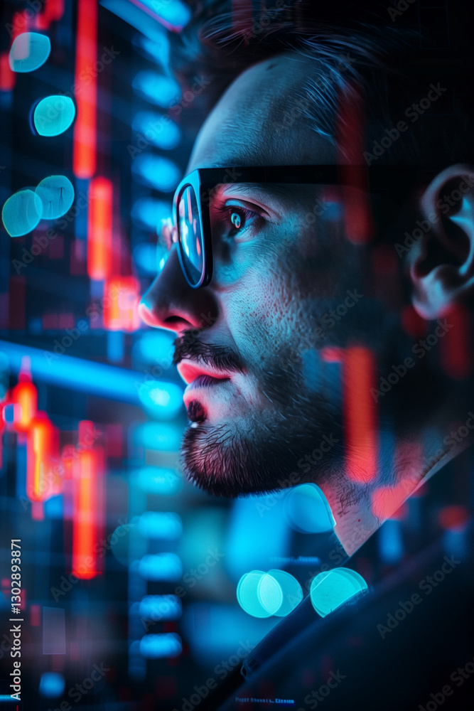 A sharp profile of a focused individual analyzing futuristic data displays. Perfect for concepts such as technology, innovation, finance, and corporate determination. A sharp profile of a focused individual analyzing futuristic data displays. Perfect for concepts such as technology, innovation, finance, and corporate determination.