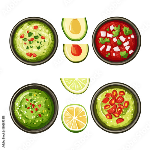 Colorful Bowls of Guacamole, Salsa, Avocados, and Citrus Slices