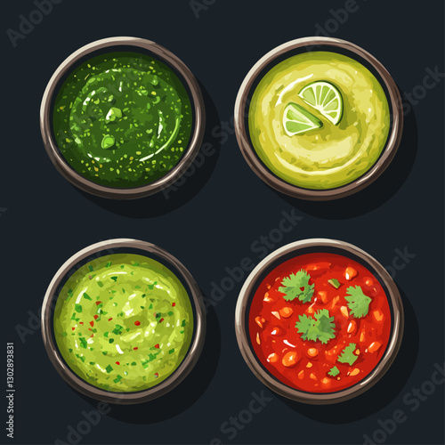 Variety of Delicious Sauces: Green, Avocado, Lime, and Red Salsa Bowls