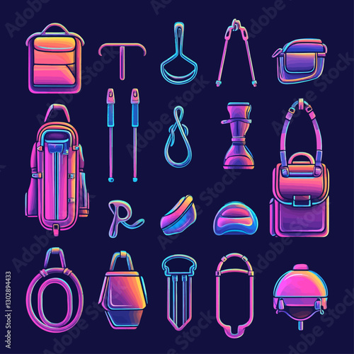 Neon camping equipment set: backpack, hiking sticks, and accessories