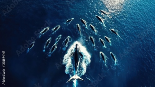 An incredible aerial view of a pod of whales elegantly swimming through crystal clear waters, representing the majesty and interconnectedness of marine life and ecosystems.