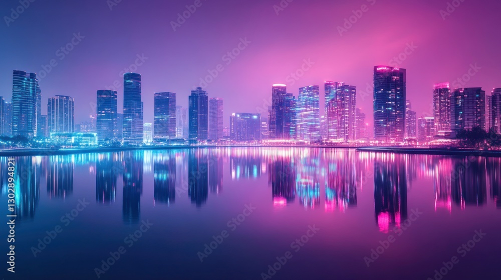 Fototapeta premium Neon Cityscape Reflection: A Vibrant Nightscape