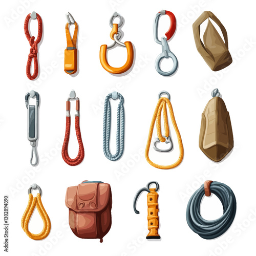 Climbing Equipment Set: Ropes, Carabiners, and Accessories Isolated on White