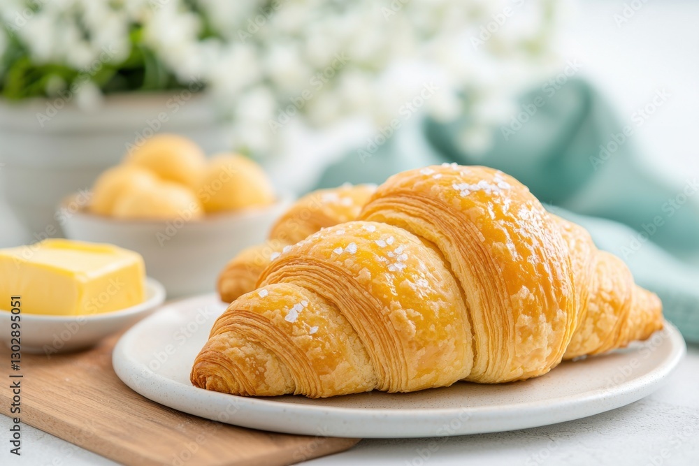 Freshly Baked Croissant with Butter and Soft Rolls on Table Freshly Baked Croissant with Butter and Soft Rolls on Table