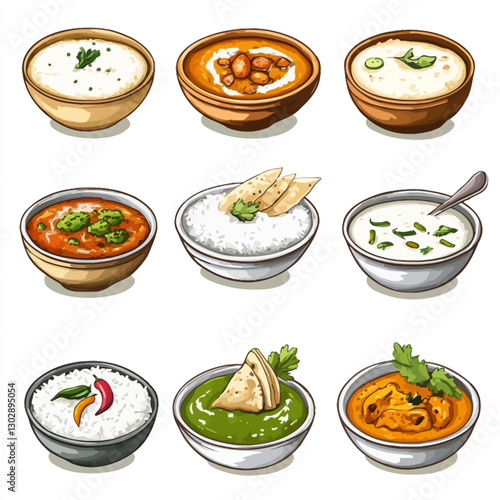 Indian Cuisine Bowl Collection: Rice, Lentils, and Dips