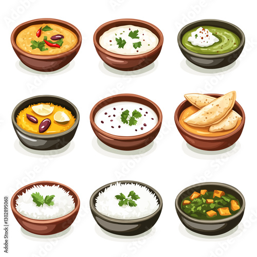 Assortment of delicious Indian dishes served in traditional ceramic bowls
