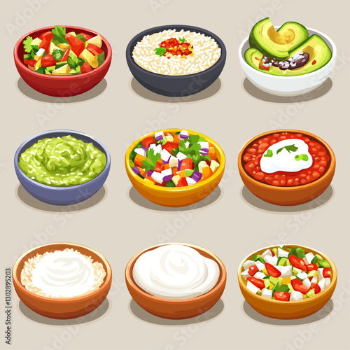 Bowls of Delicious Dips: Guacamole, Salsa, Beans, Rice, and Sour Cream