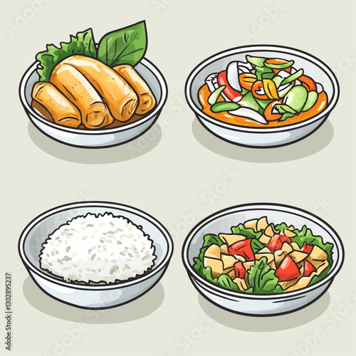 Assorted Asian Cuisine Bowls: Spring Rolls, Curry, Rice, Salad, Illustration