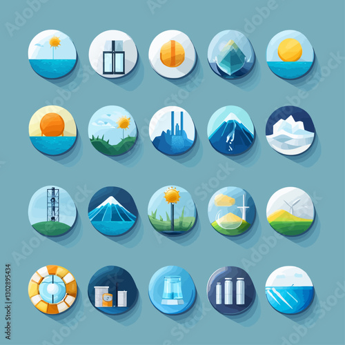 Renewable energy and industry icon set with solar wind and hydro power