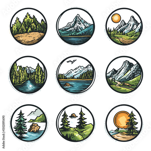 Nature Badges Mountain and Lake Landscape Scenery Vector Icons Set