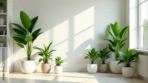 Sunlit Interior Featuring a Collection of Lush Green Potted Plants Arranged Against a White Wall