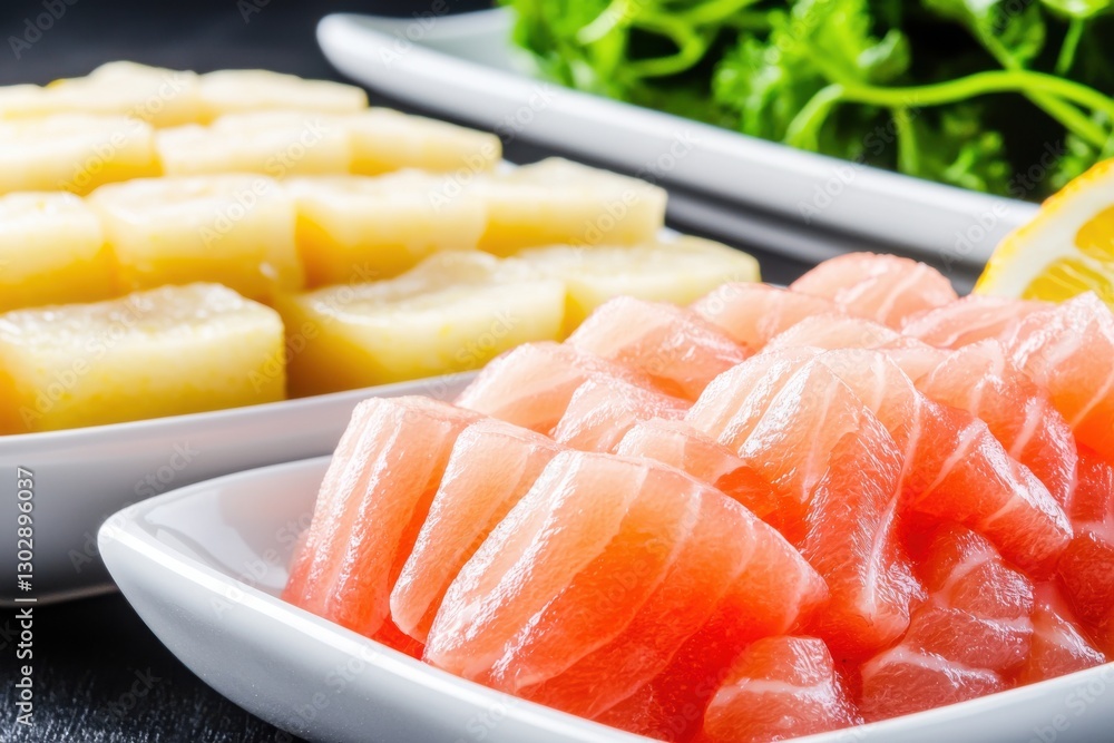 Fresh Sliced Sushi Ingredients with Fish and Vegetables Displayed Fresh Sliced Sushi Ingredients with Fish and Vegetables Displayed