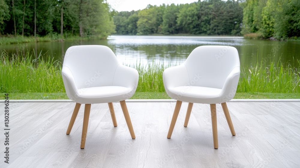 Fototapeta premium Modern White Chairs Lakeside View - Interior Design