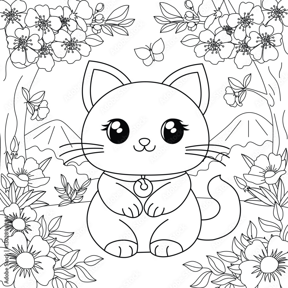 Fototapeta premium Kitty on the background of flowers and sakura blossoms. Coloring for children's development. Vector illustration.