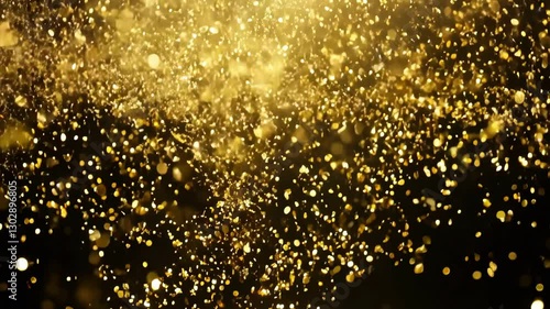 A mesmerizing animation of golden confetti gracefully falling against a deep black background, shimmering and twinkling as it descends, creating a luxurious and festive atmosphere.