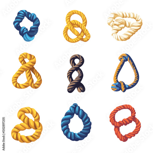 Colorful Cartoon Rope Knots on White Background, Nautical Theme, Graphic Art