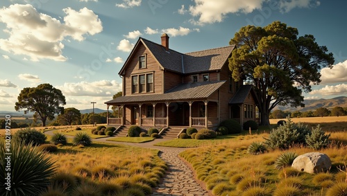 Beautiful house in Uruguayan Rustic Countryside surrounded by lush greenery and scenic hills. Concept highlights tranquil lifestyle in stunning natural environment