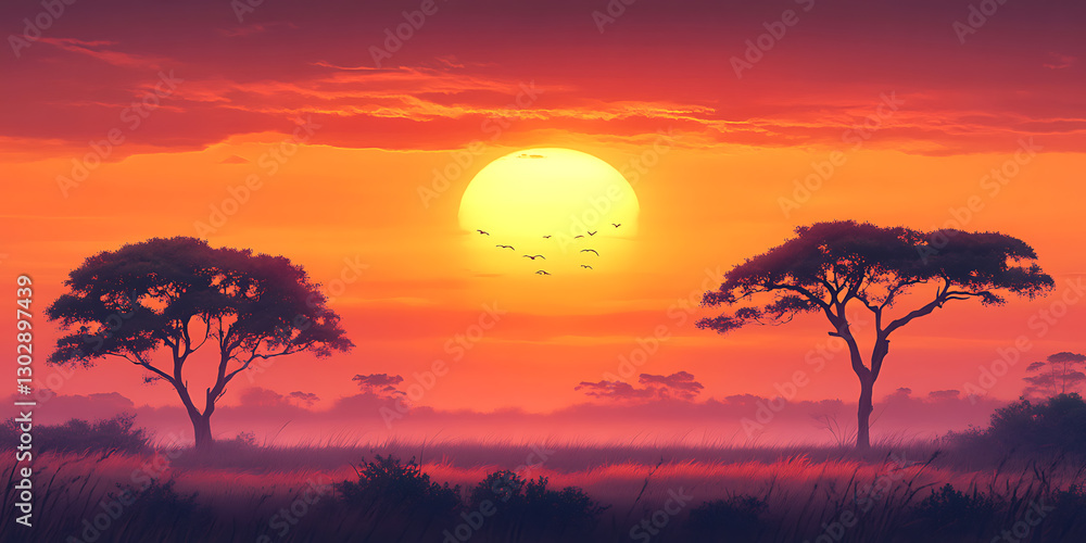 Majestic Acacia Tree Silhouette Against a Sunset-Kissed Blue Sky with Graceful Birds in Flight Majestic Acacia Tree Silhouette Against a Sunset-Kissed Blue Sky with Graceful Birds in Flight