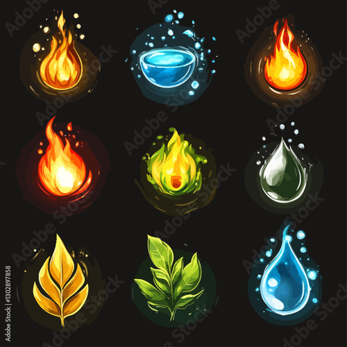 Elemental Icons: Fire, Water, Earth, and Wind in stylized vector art