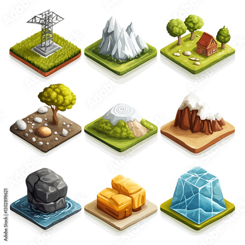 Isometric Tiles Elements Featuring Landscapes and Industrial Structures