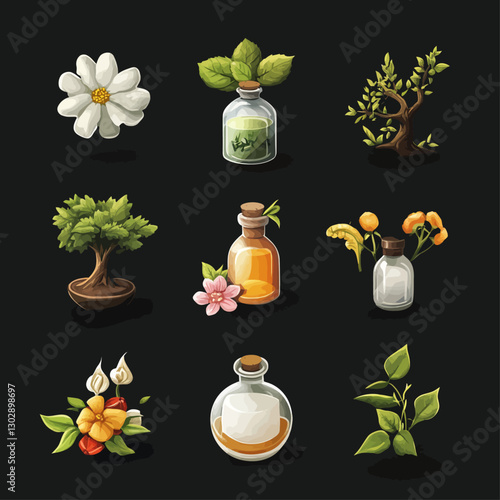 Herbal essences displayed in tincture bottles with flowers and bonsai tree