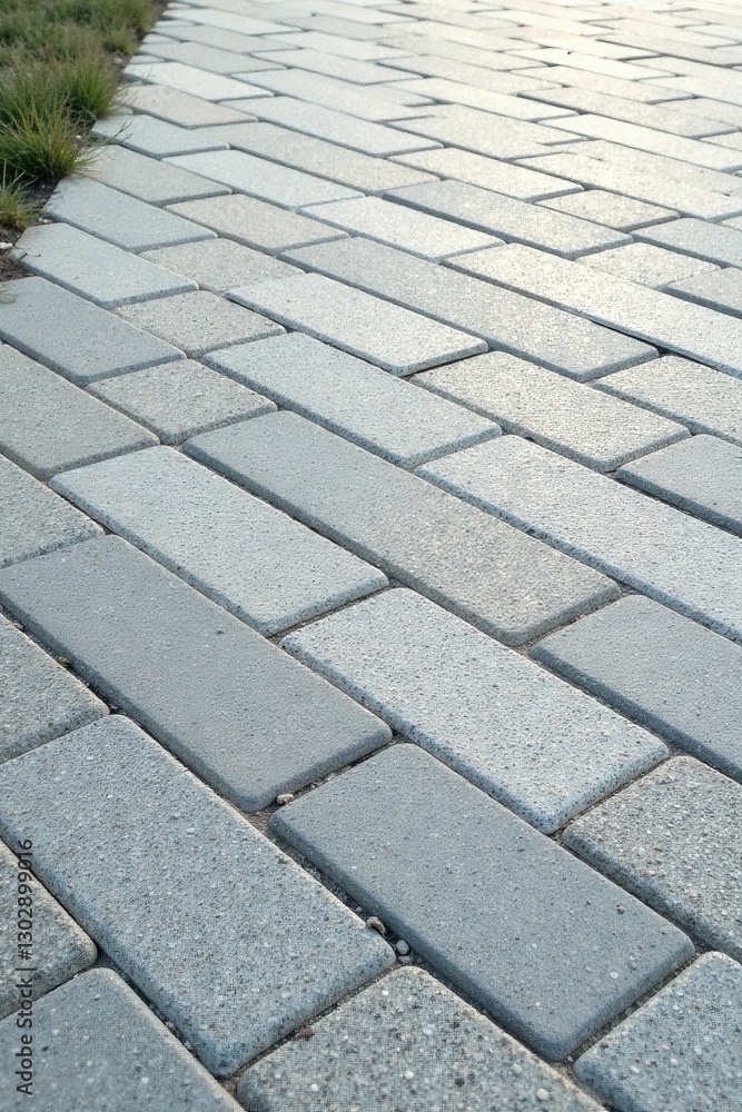 Fototapeta premium A Pathway of Interlocking Rectangular Paving Stones, Textured Surface, Subtle Color Variations, Geometric Pattern, Outdoor Setting, Natural Light
