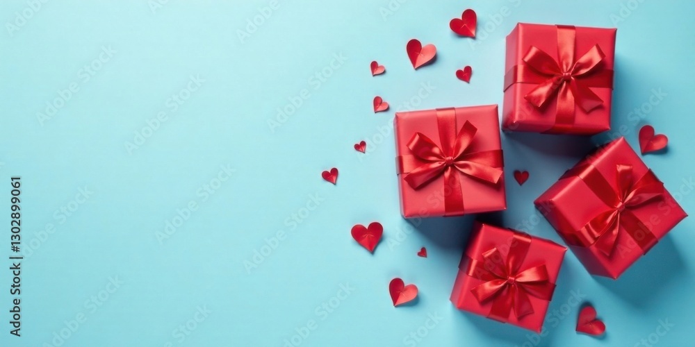 Red Presents with Scattered Hearts on a Light Blue Background, a Festive and Romantic Image Perfect for Celebrating Love and Affection Red Presents with Scattered Hearts on a Light Blue Background, a Festive and Romantic Image Perfect for Celebrating Love and Affection