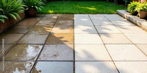 Clean patio stones, half before and half after pressure washing, showcasing a dramatic difference in cleanliness and color, ideal for advertising cleaning services.