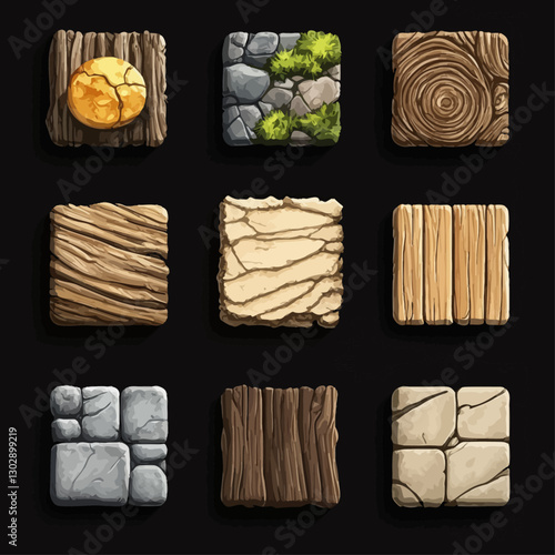 Game UI Texture Tiles: Wood, Stone, and Earth for App Development
