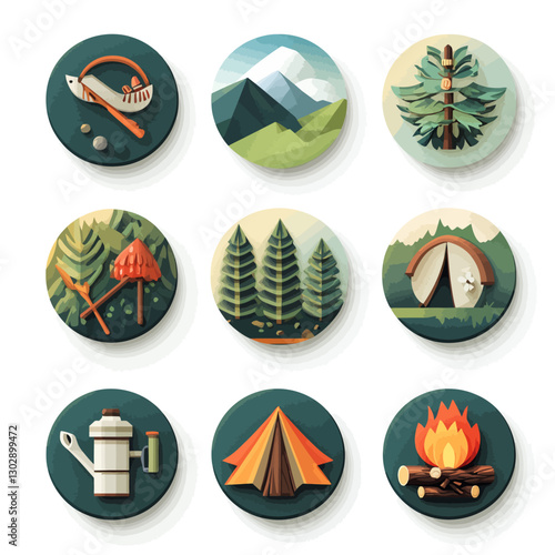 Minimalist camping icons for outdoor adventure and nature exploration