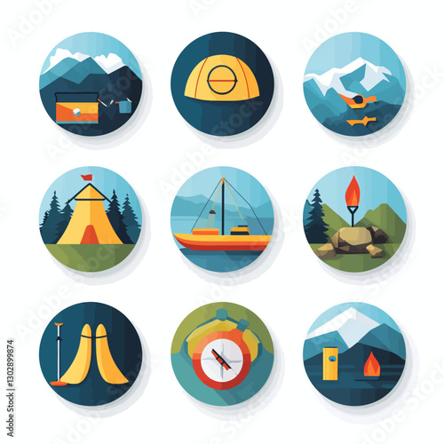 Vector flat icons of camping, sailing, mountains, compass, bonfire trip