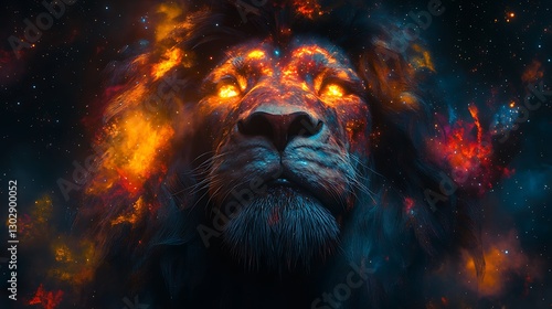 Fiery lion in space; majestic animal; cosmic fire; futuristic artwork; digital art