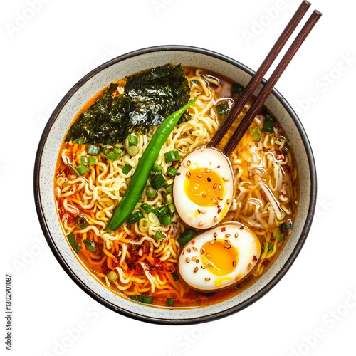 ide view of ramen in a bowl with boiled half cut egg with green chilli and chopsticks on white background photo