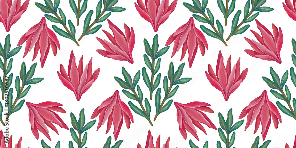 Seamless pattern with pink tropical flowers and green leaves. Hand painted protea flower Seamless pattern with pink tropical flowers and green leaves. Hand painted protea flower