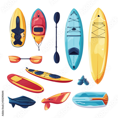 Kayaks, Surfboards, and Paddles Vector Illustration for Water Sports