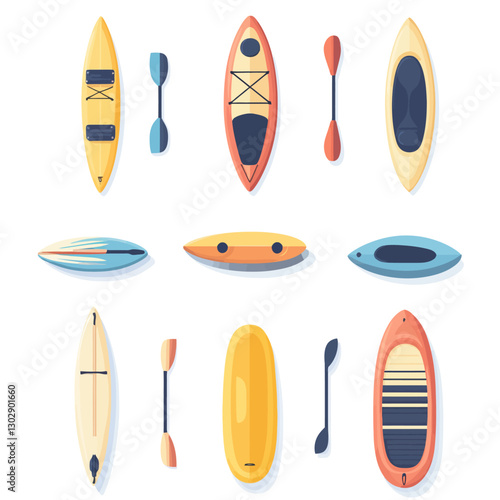 Variety of colorful kayaks and paddles against a white background.
