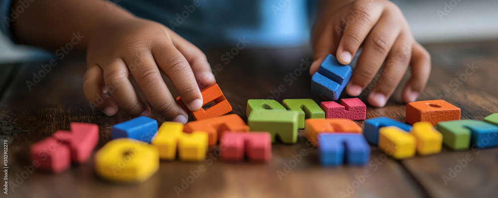Teacher Appreciation Concept, Colorful alphabet blocks being arranged by hands on wooden surface Teacher Appreciation Concept, Colorful alphabet blocks being arranged by hands on wooden surface