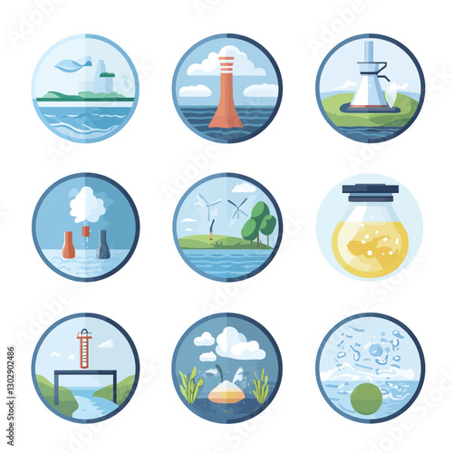 Environmental Round Icons: Power Plants, Wind Turbines, Science Glassware