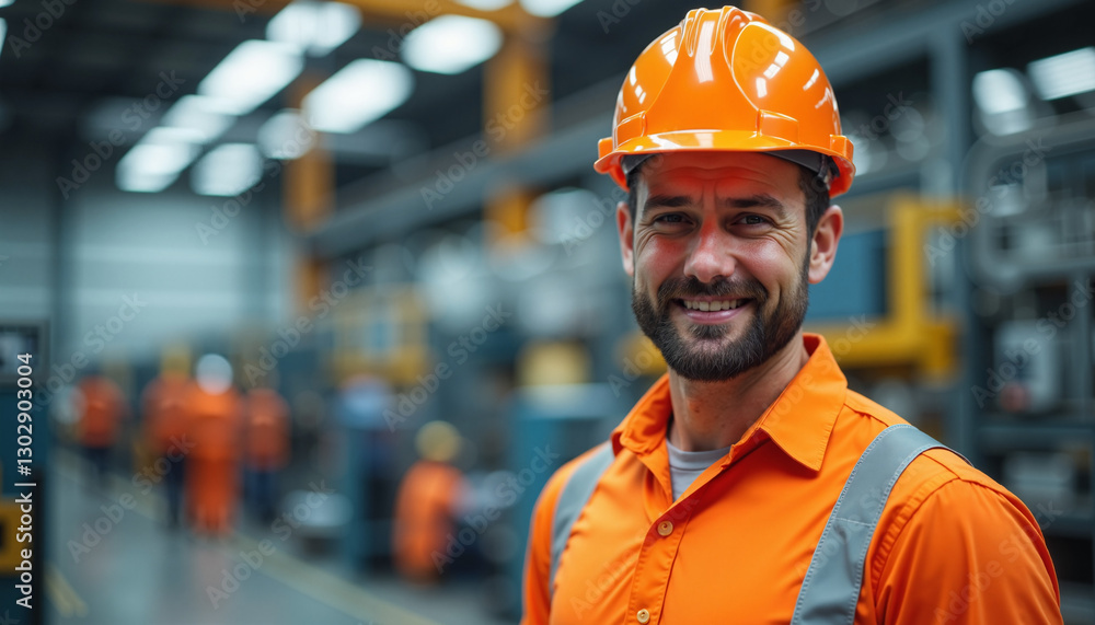 Smiling construction worker wearing helmet in industrial setting, labor day Smiling construction worker wearing helmet in industrial setting, labor day