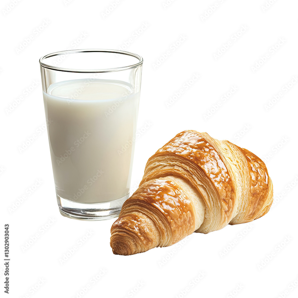 Freshly Baked Croissant Next to Glass of Creamy Milk on Bright Background Freshly Baked Croissant Next to Glass of Creamy Milk on Bright Background