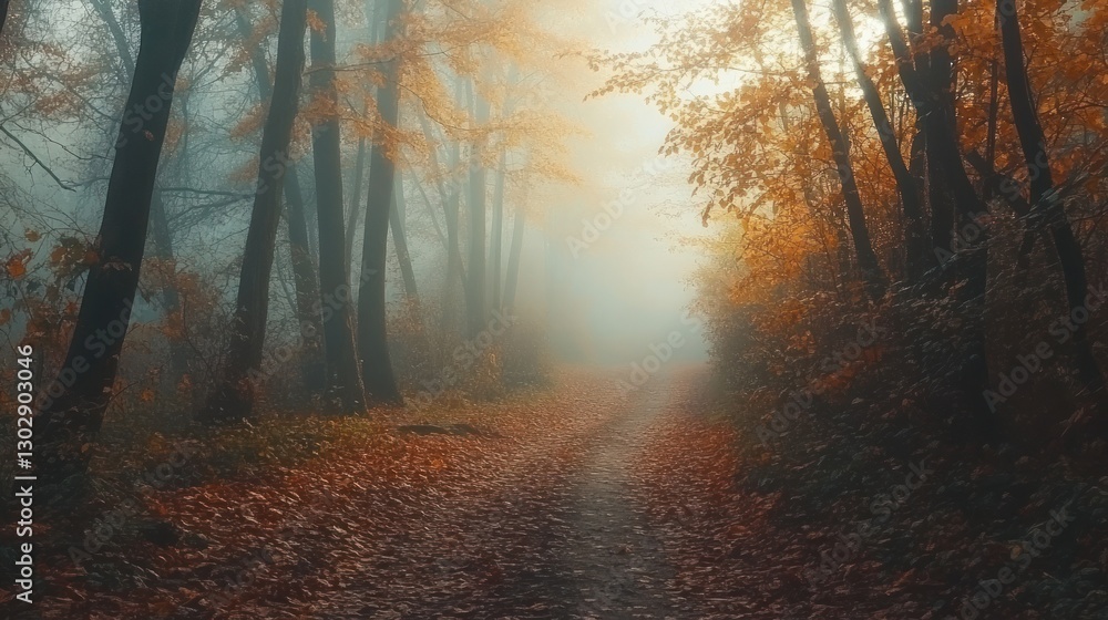 Fototapeta premium Walking Path Through Autumn Forest in Fog with Sunlight Shining Through