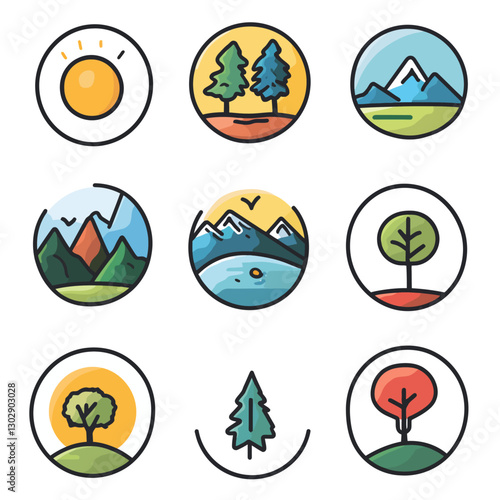 Nature Scenes Icons Set, Mountain, Tree, Sun, Landscape Vector Illustration