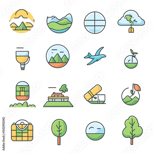 Ecology Environment Icons Set with Mountain, Plane, Tree, and Cloud