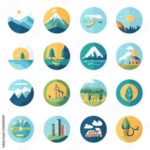 Scenic landscapes in vector art style showcases nature and travel themes.