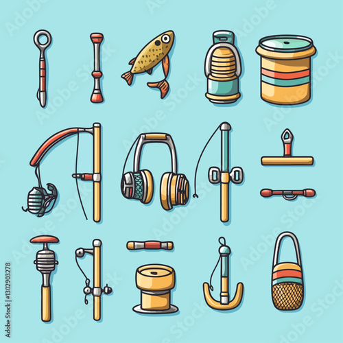 Fishing Gear Cartoon Icons: Rods, Reels, Lures, Headphones, Blue Background