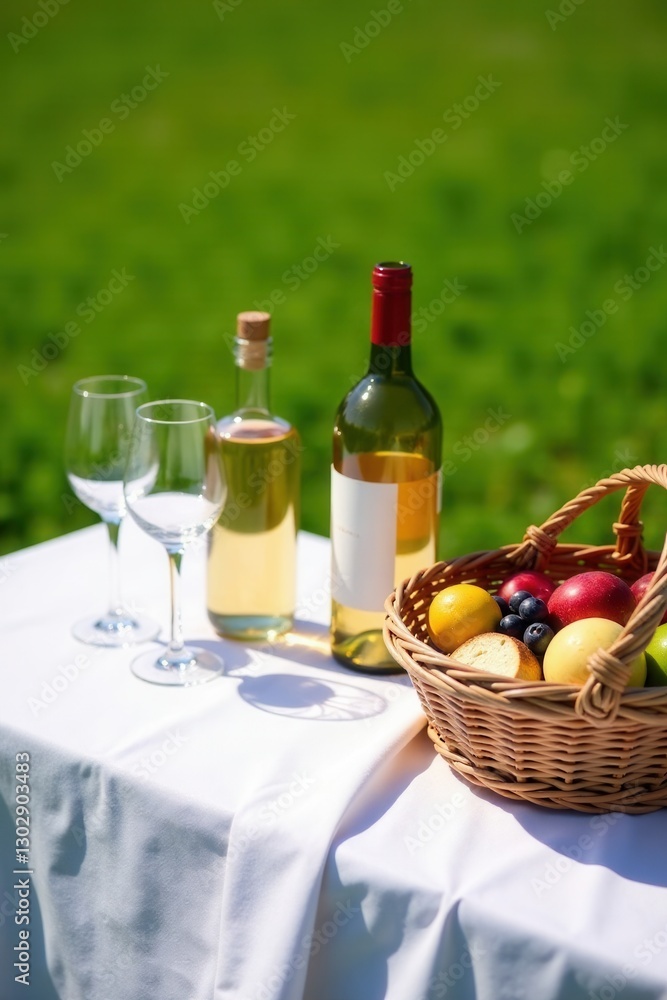 Obraz premium A sunny outdoor picnic scene featuring wine bottles, wine glasses, and a wicker basket filled with fresh fruit and bread