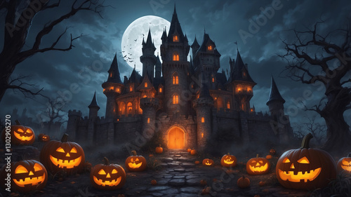 A looming castle glows under the moonlight, surrounded by illuminated jack-o'-lanterns for Halloween.