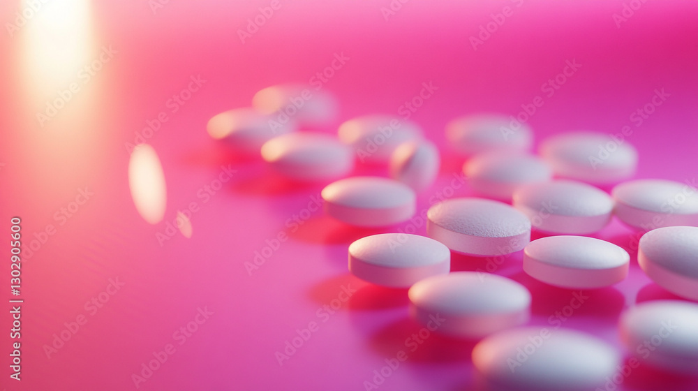 Close up of White Pills Scattered on Pink Background Medical Pharmaceutical Concept Close up of White Pills Scattered on Pink Background Medical Pharmaceutical Concept