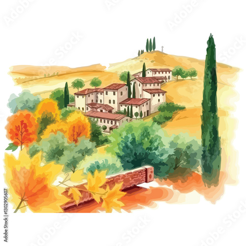 Italian landscape set, vector hand drawn doodle Tuscany nature view, old winery countryside print. Vintage European architecture graphic, cypress hill travel label. Italian landscape sketch collection