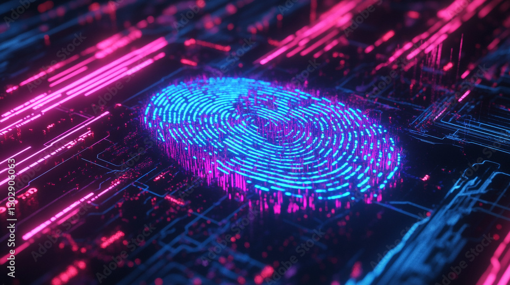 Abstract Digital Fingerprint on Neon Circuit Board Futuristic Biometric Security Concept Abstract Digital Fingerprint on Neon Circuit Board Futuristic Biometric Security Concept